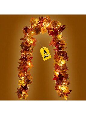 4 Pack LED Fall Maple Garland - 5.8ft Artificial Autumn Decor for Home & Parties